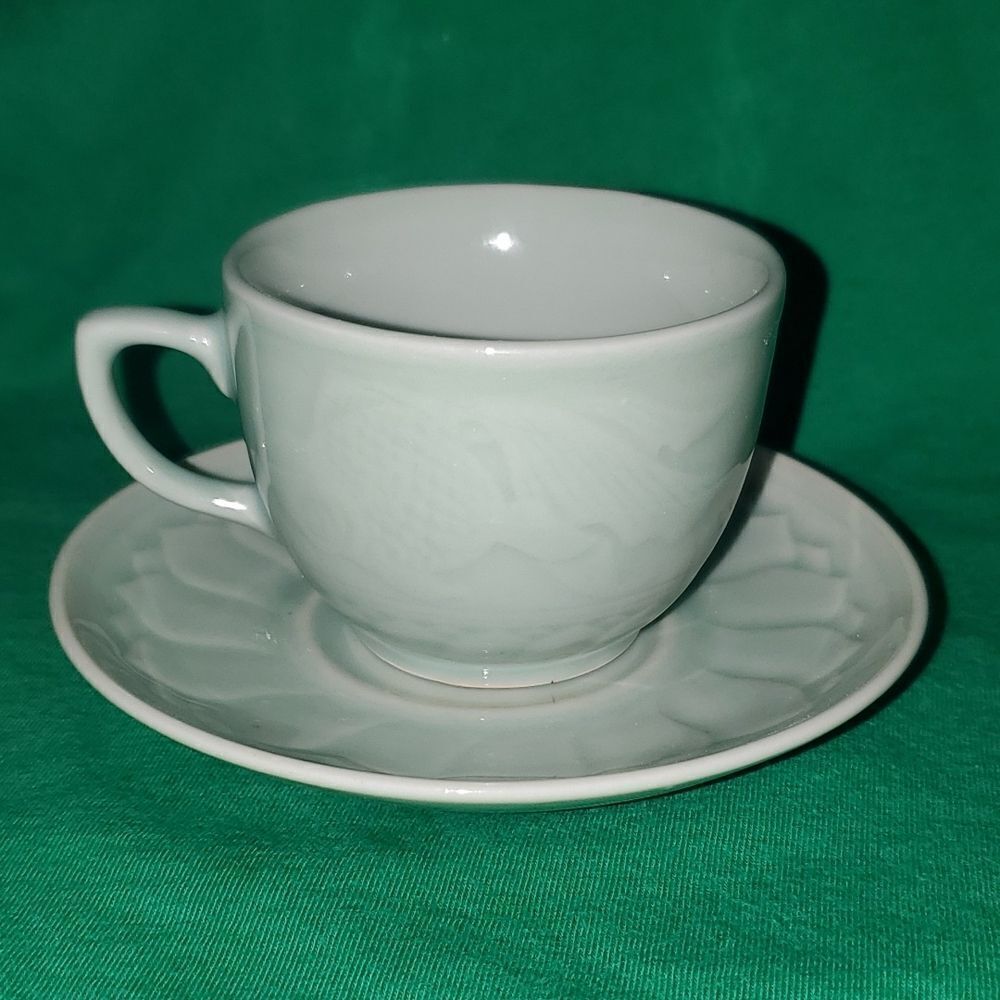 Vintage Longquan Celadon Koi Carp Fish Tea Cup Saucer 6 0z.